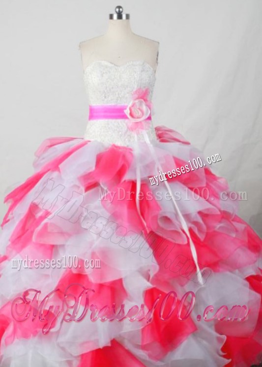 Handmade Flower Ruffles Quinceanera Dresses Hot Pink and White